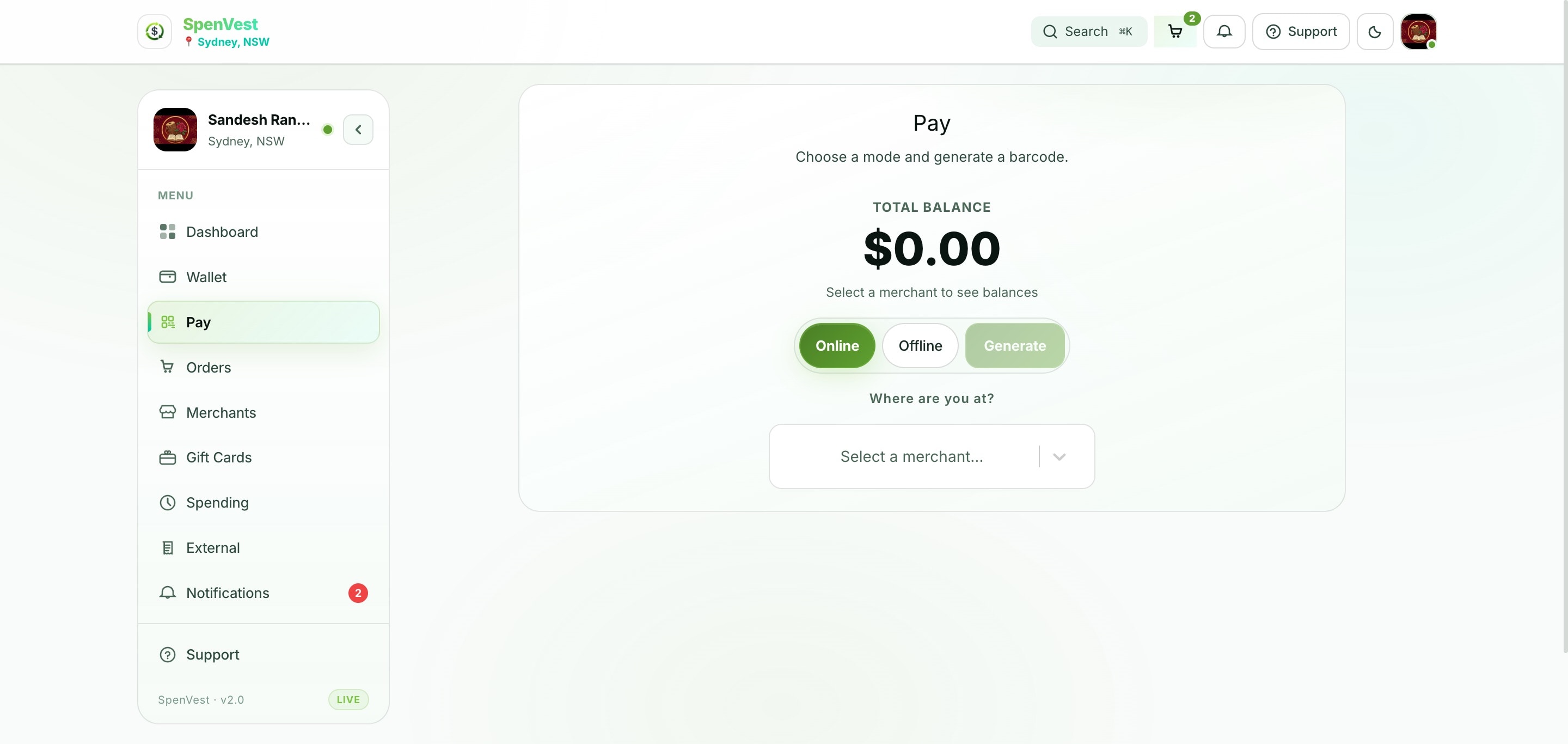 SpenVest pay screen with QR code, payment methods, and SVC redemption options